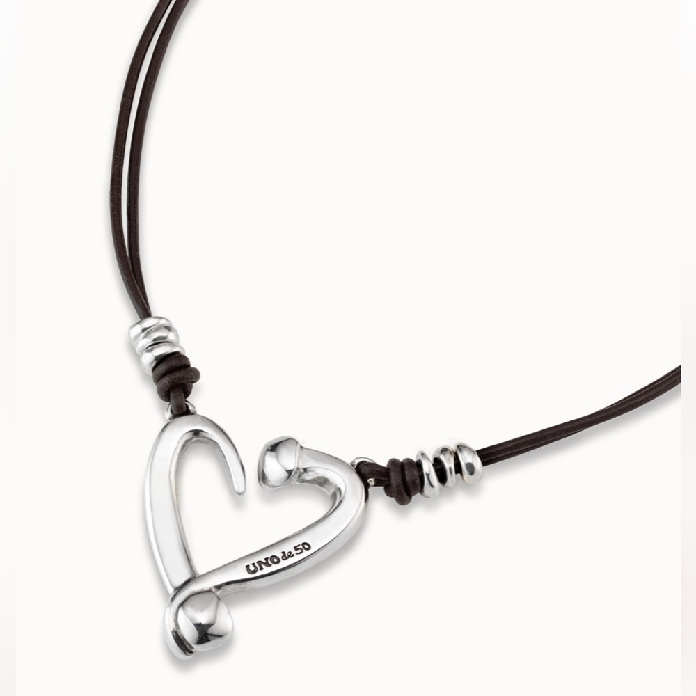 UNO de 50 Necklace - HEART - Silver plated and real Leather - Brand New